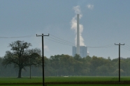 Landschaft mit Wald und einem Kohlekraftwerk im Hintergrund