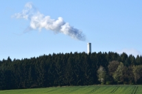 Landschaft mit Wald vor einem Kohlekraftwerk im Hintergrund (Foto: J. Böhm)